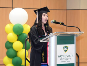 Abril Ayala-Rodriguez (B.S., Marketing) served as a student speaker.