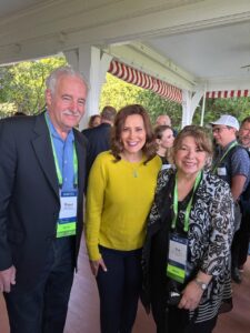 Gov. Gretchen Whitmer, center, welcomed EL CENTRAL Owner and Publisher Eva Garza Dewaelsche (right) and Managing Editor Robert Dewaelsche to the Governor's Residence for an "Off the Record" reception to kick off the Mackinac Policy Conference