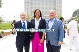 From left, Gene Sperling, Senior Advisor to President Biden, overseeing ARPA, Council President Mary Sheffield and Mayor Mike Duggan at Roosevelt Park opening