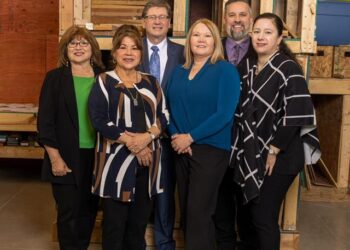 SER Metro-Detroit's leadership team: from left, Manuela M. Zarate, VP & COO; Eva Garza Dewaelsche, President & CEO; Dr. David Cunningham, VP & CFO; Ann Leen, AVP Youth Programs; Jason Fitz, Dir. of Finance and Veronica Sanchez Peavey, Senior AVP Adult Programs