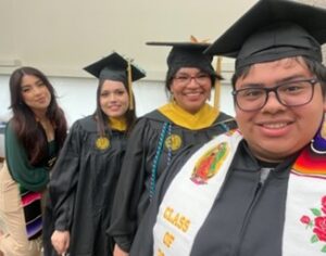 Center for Latino/a Studies Nuevo Comienzo Latina/o/x and Native American Graduation Celebration 2023. From left: Alondra Barajas, Julissa Chavero, Doris DeMarco, and Jesus Cruz-Navarro
