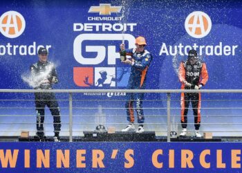 Winners circle, with 1st place winner Scott Dixon (C), 2nd place winner Marcus Ericsson (L), and 3rd place winner Marcus Armstrong (R) celebrating after race