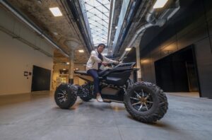 David Medina Alvarez test drives his EV ATV at Newlab. He is planning to deliver the first models to customers this fall