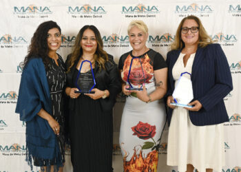 Adelitas Award Recipients pictured with MANA President, Stephanie Lopez Gilmore - Adelitas: Olga Ortiz Rodriguez (Director of Business Development, DRM Consulting, LLC), Eva Torres (City of Detroit, District 6 Manager), and Tanya Caruana (Global Director of Implementation & Operations for the TripWise Solution at Sirva)