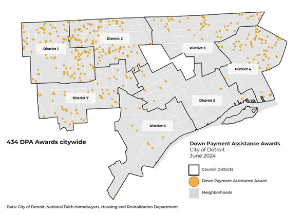 Map shows where Round 1 Down Payment Assistance Program recipients bought homes in the City of Detroit