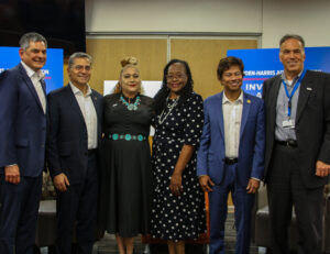 Secretary Becerras, second from left,was welcomed by Felix Valbuena, MD, Carmensita Buentello, Susan Hooks- Brown, Rep. Shri Thanedar and Patrick Irwin