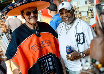 Fans pose together for a photo at Comerica Park during the 19th annual Fiesta Tigres game.
