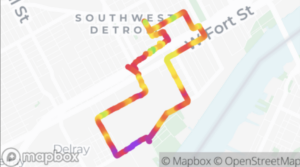 A map that color coded air quality based on Ed Gies’ personal monitor he brought with him on his morning walk to Delray Park on April 12. Screenshot courtesy of Ed Gies.