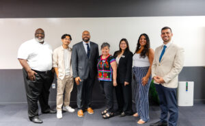 Left-Right) Akindele Akinyemi, Global African Business Association; Mario Tapia-Preza of TechTown; Dr. Theodore Jones of Global Detroit; Mayte Penman of TechTown; Rachapa Lau of Asian Pacific American Chamber of Commerce; Anita Zavala of Detroit Hispanic Development Corporation; and Bilal Hammoud of American Arab Chamber of Commerce
