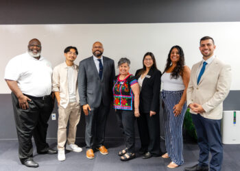 Left-Right) Akindele Akinyemi, Global African Business Association; Mario Tapia-Preza of TechTown; Dr. Theodore Jones of Global Detroit; Mayte Penman of TechTown; Rachapa Lau of Asian Pacific American Chamber of Commerce; Anita Zavala of Detroit Hispanic Development Corporation; and Bilal Hammoud of American Arab Chamber of Commerce