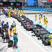 All racers pull into pit lane to wait as wreckage from a crash is cleared from the course so the final laps can be run.