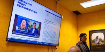 George Carrillo speaks to attendees at the Real Talk series about his immigration policy recommendations for the construction industry, titled "Building America Stronger." Photo: Juan Carlos Dueweke-Perez, Featherstone.