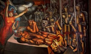 “Tormento de Cuauhtémoc” de Siqueiros reimagina un famoso episodio de la historia de México desde una perspectiva del siglo XX. (Museo del Palacio de Bellas Artes)