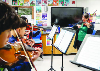 Teaching Artist Dr. Saraí Aboites accompanying students during ensemble rehearsal at the Cesar Chavez Academy Upper Elementary Classroom on December 5, 2025