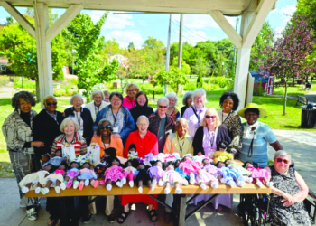 Large group of about 20 women posing together under a park pavilion, with rows of dressed dolls lined up on a table in front of them, greenery and trees visible in the background.