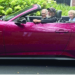 Four people ride together in a burgundy convertible classic car with white-wall tires, driving through a tree-lined residential street