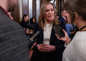 Senate Majority Leader Winnie Brinks, D-Grand Rapids, speaks to reporters at the Michigan Capitol in Lansing, Mich., after Michigan Gov. Gretchen Whitmer's eighth and final State of the State address on Feb. 25, 2026. (Photo by Andrew Roth/Michigan Advance)